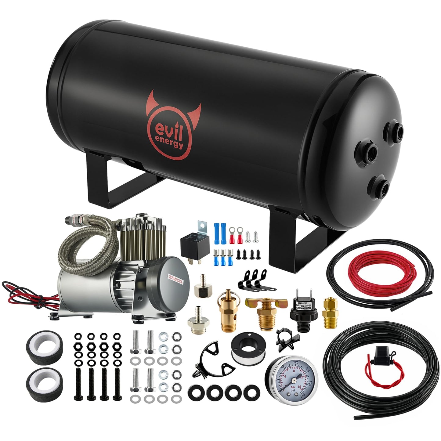 EVIL ENERGY 2 Gallon Air Tank and Compressor Kit 6 Ports 1/4" NPT 150PSI Rated 12V Compressor Air Tank for Air Horn, Inflating Tires, Car, Truck, Suspension Systems, Train Horn, DIY Pneumatic Tools