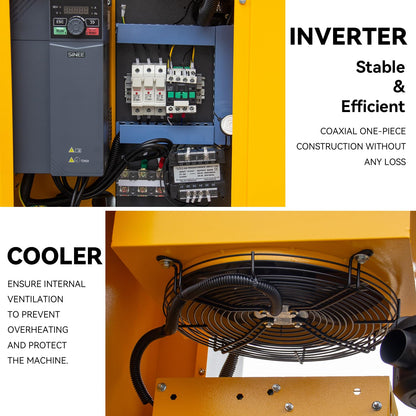 208-230V Universal Variable Frequency Motor Rotary Screw Air Compressor - 10HP/7.5KW Single/Three-phase compatible - 39CFM@115PSI Base Mounted Commercial Air Compressed System