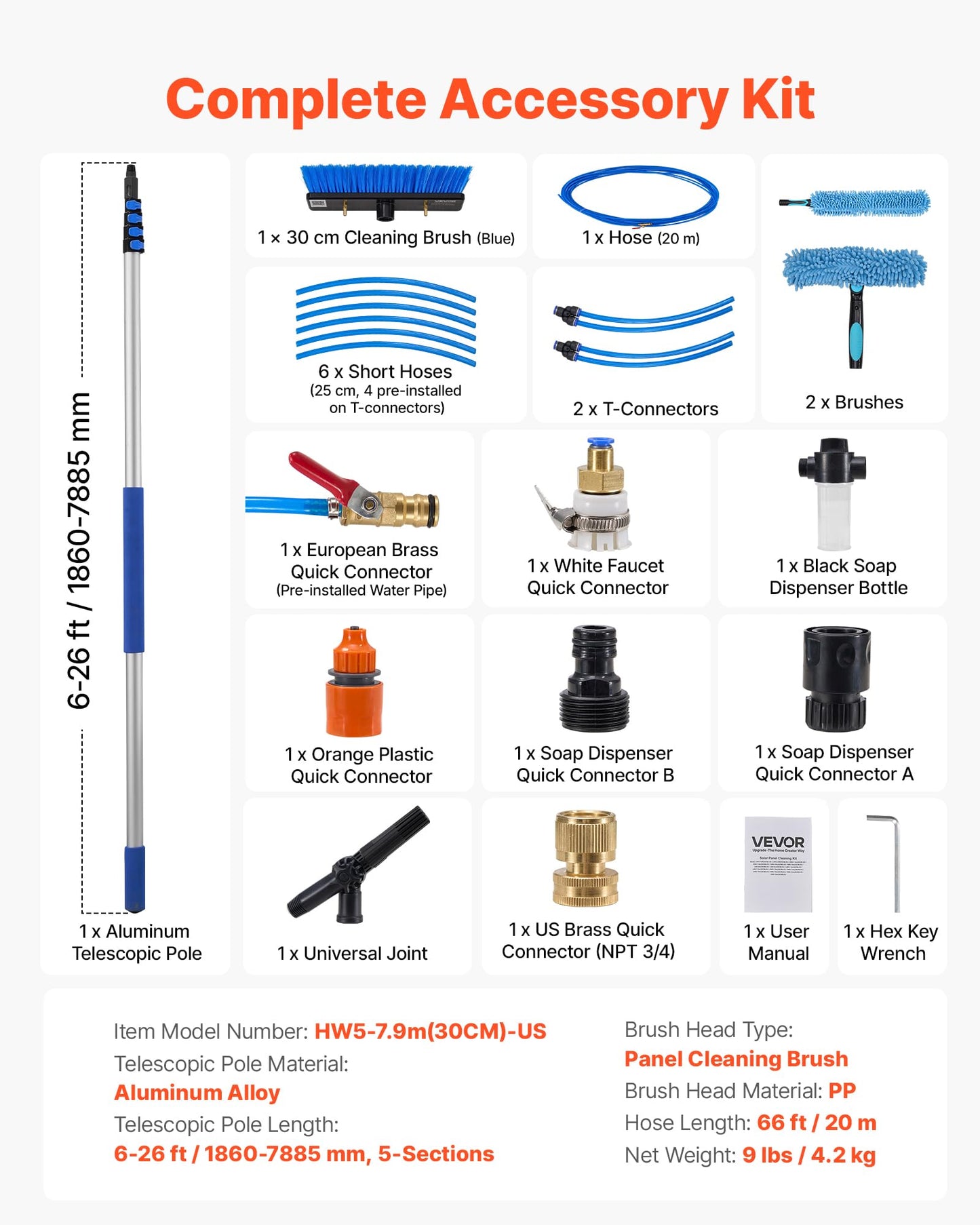 VEVOR Solar Panel Cleaning Kit, 26 ft, Water Fed Pole Kit with Cleaning Brush, Soap Dispenser, Extendable Aluminum Telescopic Pole, 180° Rotatable Brush Head, for Roof Mounted Solar Panels, Windows