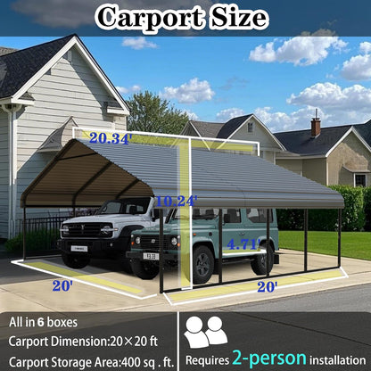 20' x 20' Heavy Duty Carport Canopy Shelter, Galvanized Steel Frame with All-Weather PE Cover, Portable Garage Tent for Cars, Trucks, Boats & Equipment Storage, Outdoor Event Shelter, Gray