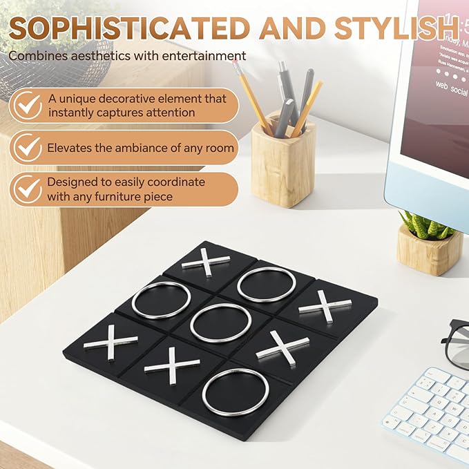 Tic Tac Toe Decor 10 x 10 Inch Wooden Black Wood Board with Gold/Silver X and O Pieces Modern Minimalist Coffee Table Decor for Living Room Office and Bookshelf Display (Silver)