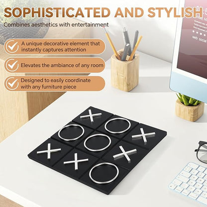 Tic Tac Toe Decor 10 x 10 Inch Wooden Black Wood Board with Gold/Silver X and O Pieces Modern Minimalist Coffee Table Decor for Living Room Office and Bookshelf Display (Silver)