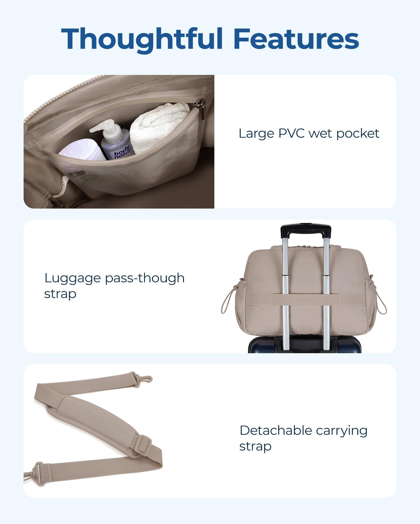 BAGSMART Gym Bag for Women, Duffle Bag for Travel with Wet Pocket, Lightweight Carry on Weekender Duffel, Water Resistant, Camel