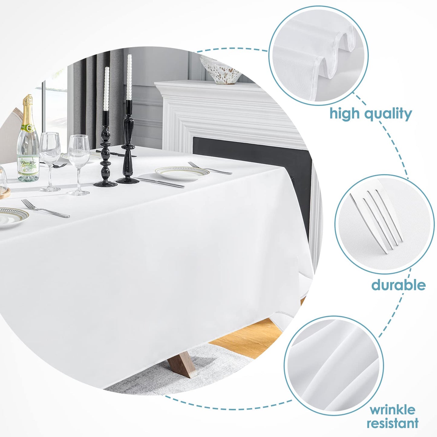 VidaFete 1 Pack Tablecloth 90 * 132inch Rectangle Table Cloth Polyester, Stain Wrinkle Resistant Polyester Dining Table Cover for Kitchen Dinning Party Wedding Tabletop Buffet Decoration(White)