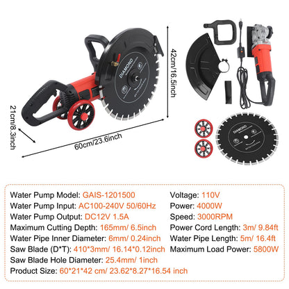 16" Electric Concrete Saw 4000W Wet/Dry Circular Saw with Water Pump and 16.4ft Water Hose Concrete Cutter for Brick Concrete Wall and Granite Max.Cutting Depth: 6.5in
