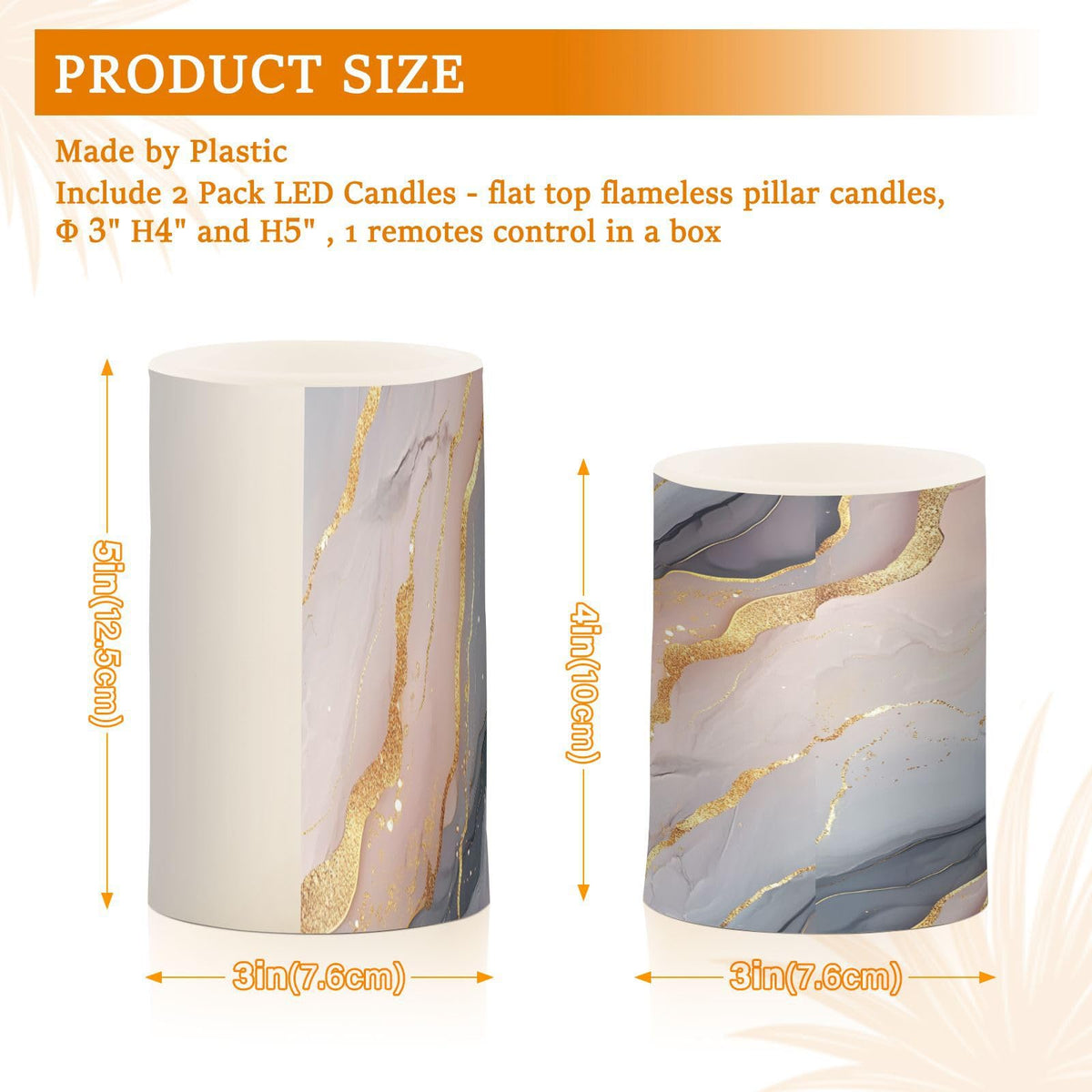 Zathe Flameless Flickering Candles Remote Control Led Pillar Candles for Decorations Marble Blush Grey