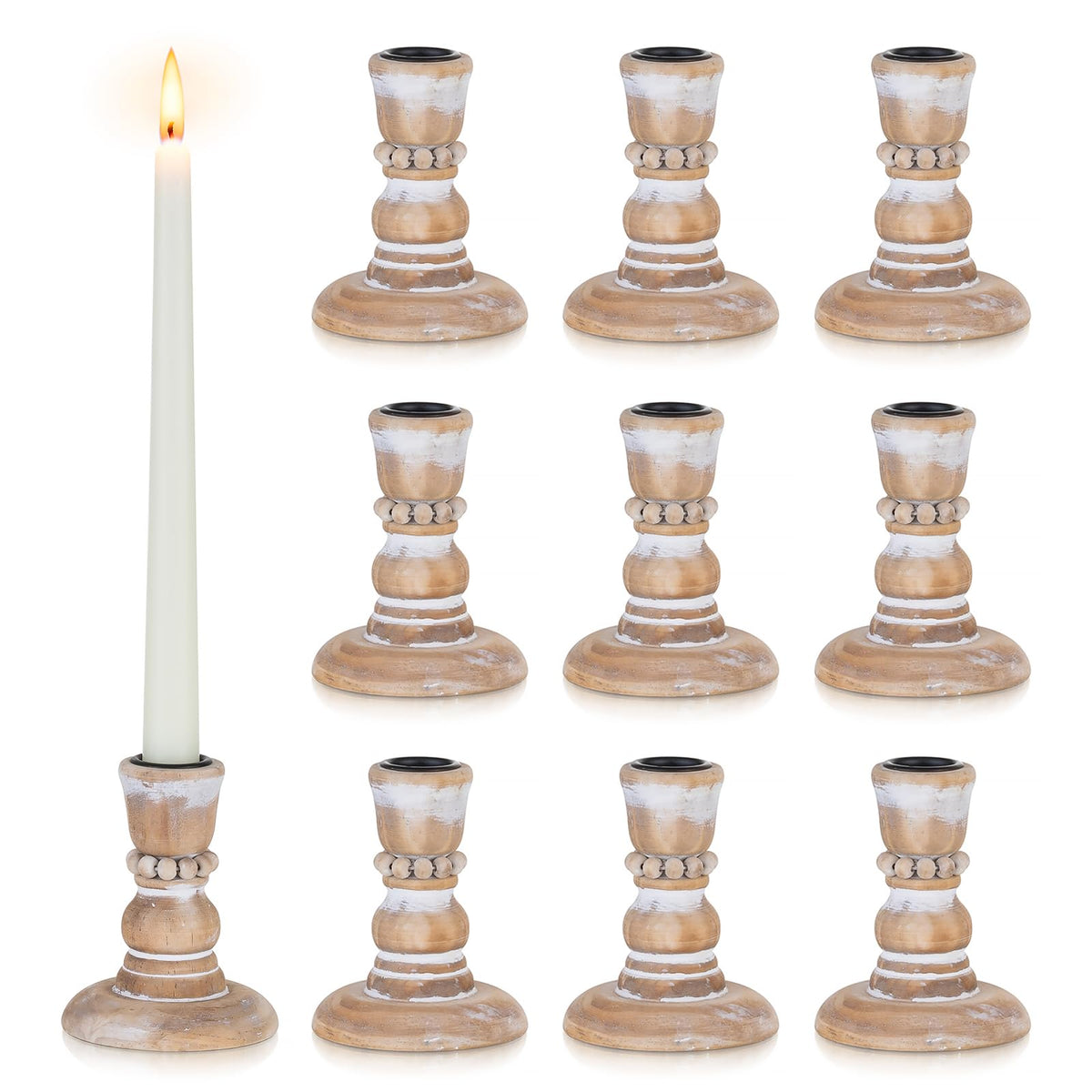 Inweder Wooden Taper Candle Holders: Rustic Wood Candlestick Holders Farmhouse Fall Decor for Living Room Dinning Table Centerpiece Christmas Set of 10