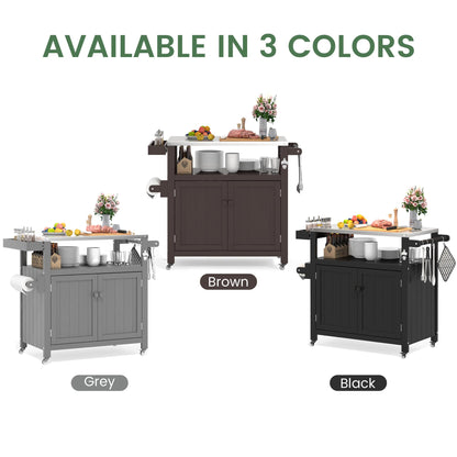 Sunnibety Weatherproof HIPS Outdoor Kitchen Island with Stainless Steel Top & Storage Cabinet, Movable Prep Table with Wheels for BBQ Food Prep, Outdoor Grill Cart for Parties, Brown