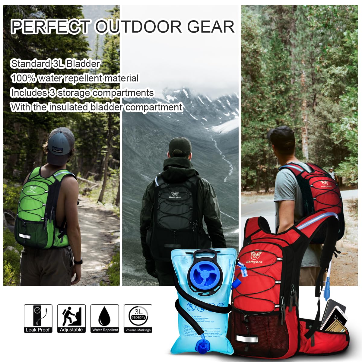 Mothybot Insulated Hydration Backpack Pack with 3L BPA Free Leak Proof Water Bladder, Large Storage Lightweight Hiking Daypack with Waist Pouches & Cooler Layer, for Running, Biking, Camping, Festival