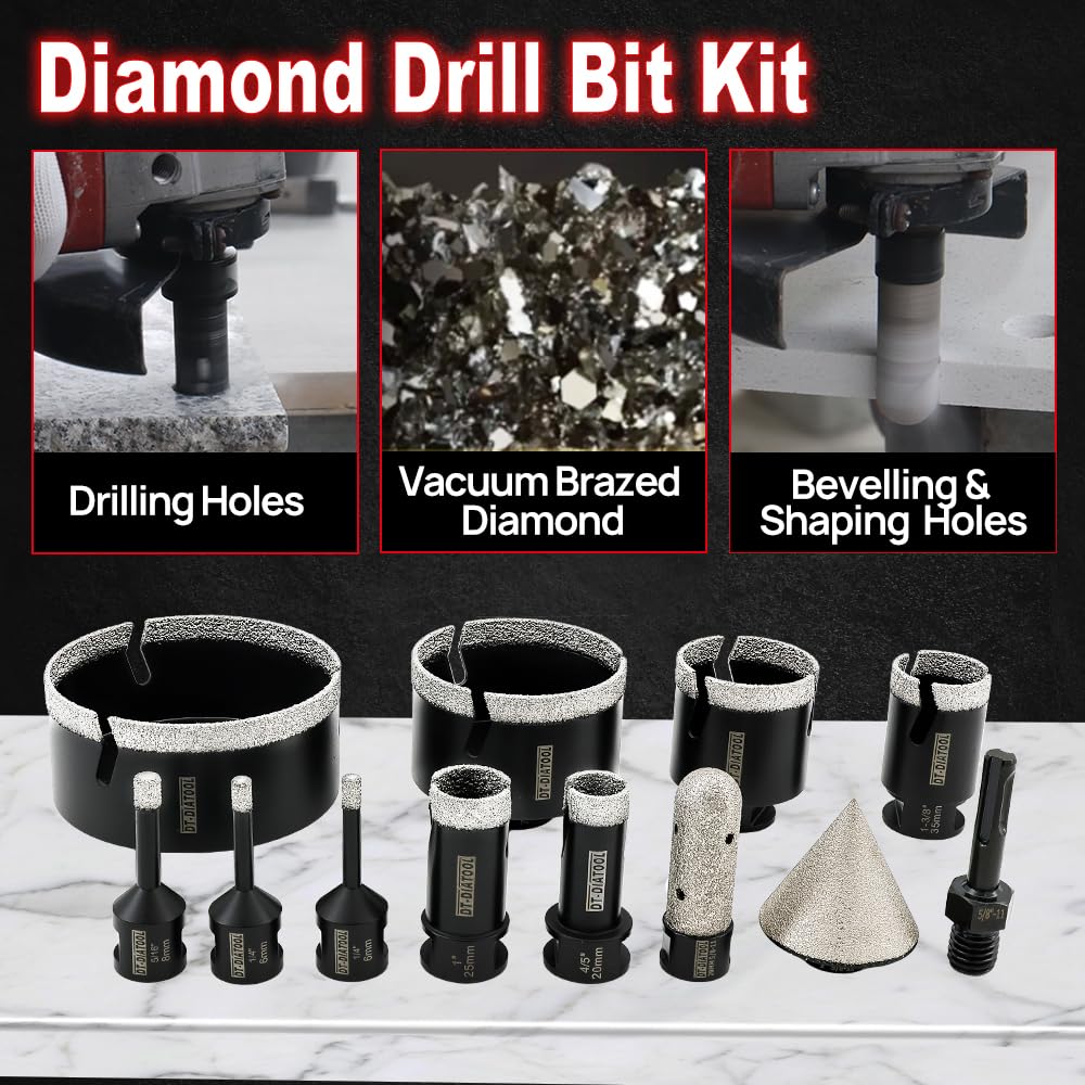 DT-DIATOOL Tile Hole Saw Kit Diamond Core Drill Bits Set 6/6/8/20/25/35/50/75/100mm & 4/5" Diamond Finger Bit with 2" Beveling Chamfer Bit and SDS Adapter for Tile Marble Granite