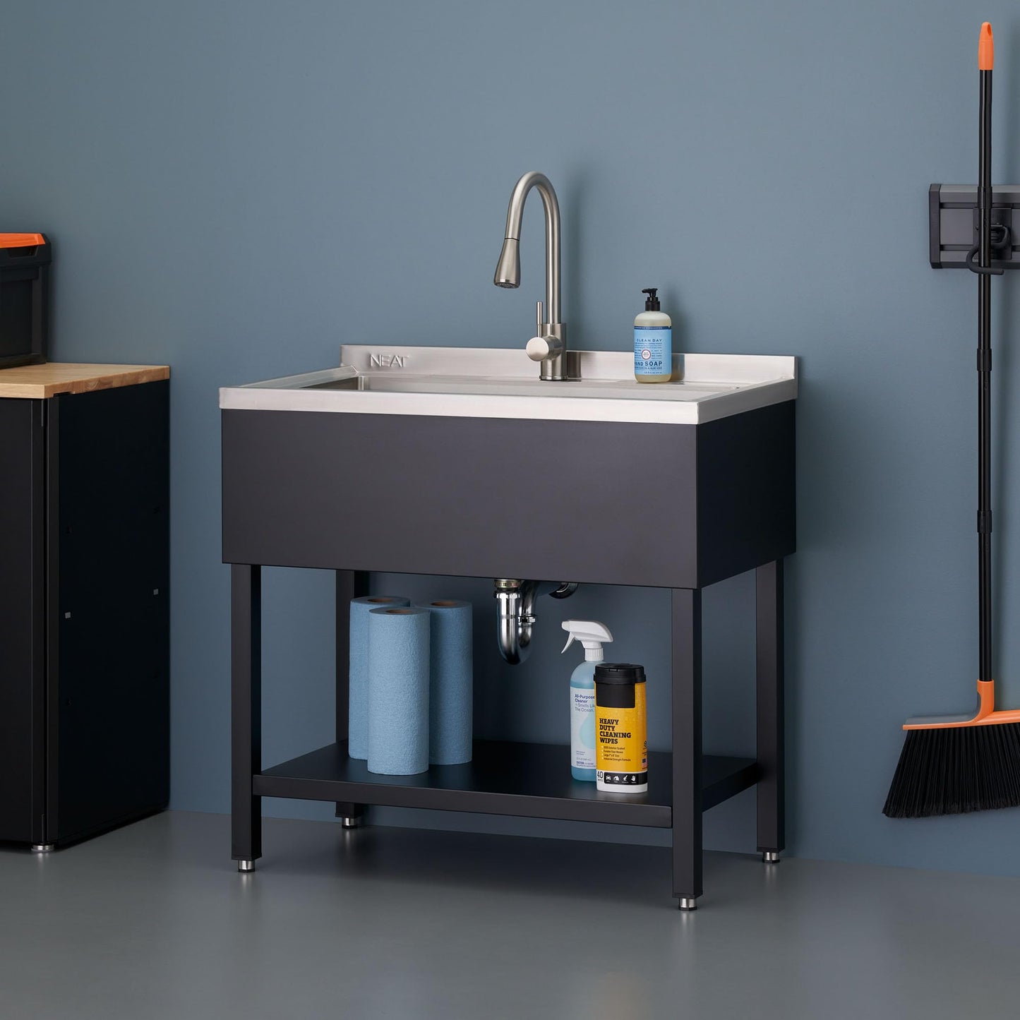 NEAT by TRINITY Stainless Steel Utility Sink, Oversized Freestanding Single Bowl Utility Sink with Pull-Out Faucet, for Garage, Laundry Room, Shop, NSF Certified, 36"W x 20"D x 50"H, Black
