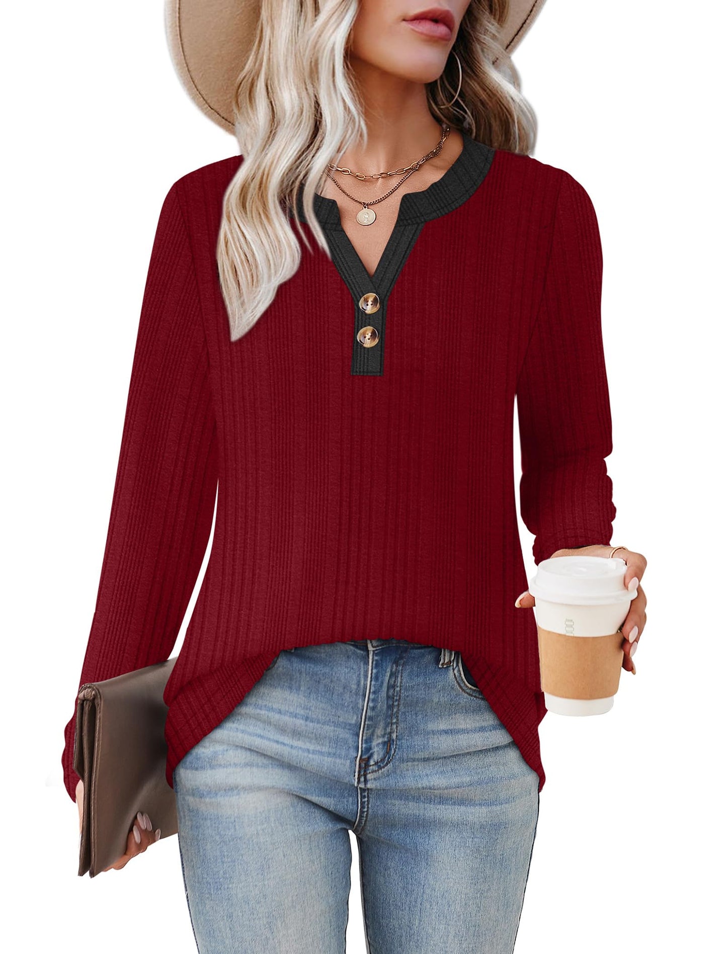 SAMPEEL Womens Sweaters Lightweight Long Sleeve Shirts V Neck Tops with Button Fall Outfits 2025