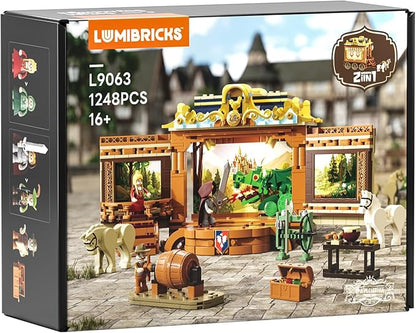 Medieval Troupe Carriage Lighting Building Bricks Set - Middle Ages City Town Playset Multi-Form Modular Collection Display Kit with Minifigures 1248 Pcs for Adults &amp Teens
