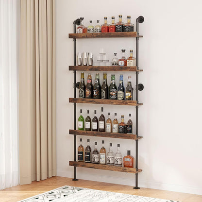 Woskar 5-Tier Wall Mounted Wine Rack, Industrial Pipe Bar Shelf for Wine Bottle Storage, Industrial Pipe Shelves Shelf Shelving for Home Bar Dining Room Kitchen (39.4" W x 79" H)