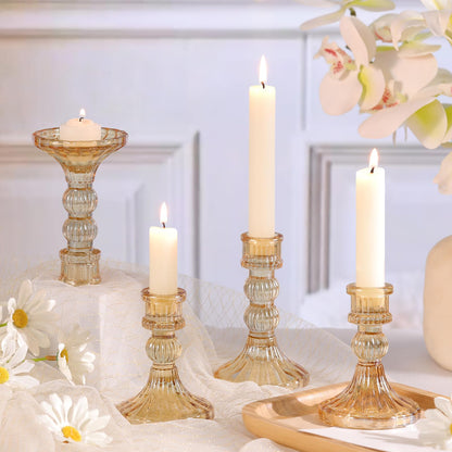 DARJEN 6Pcs Gold Candlestick Holders Set - 4" H & 5" H Striped Taper Candle Holders Bulk, Glass Candle Holders for Wedding, Festival, Party, Table Centerpiece, Gifts
