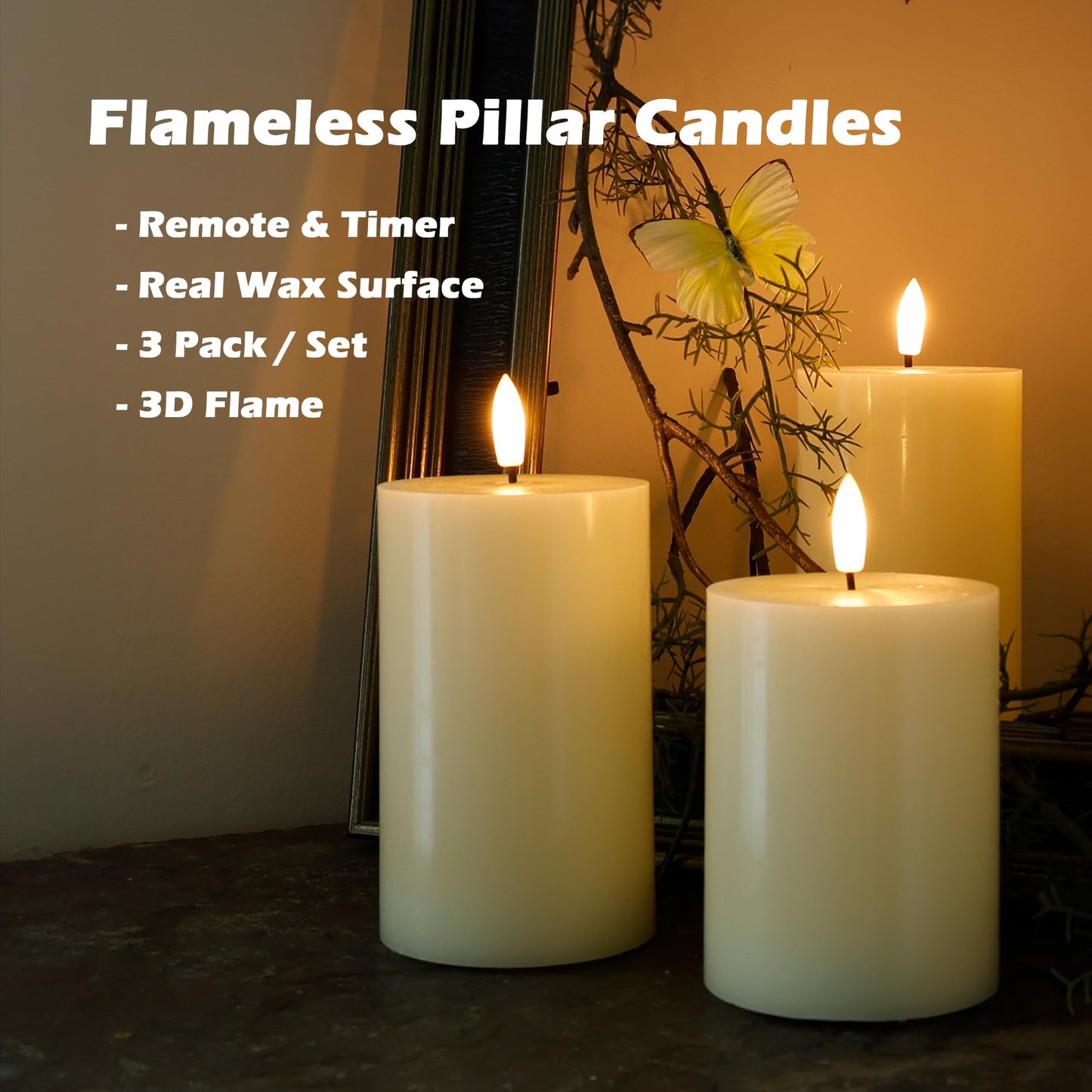 JOIONE Flameless Pillar Candles with Remote, 3 Pack Battery Operated Real Wax LED Candles, Perfect for Home Decorations Fireplace Table, Ivory
