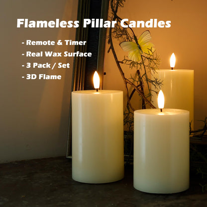JOIONE Flameless Pillar Candles with Remote, 3 Pack Battery Operated Real Wax LED Candles, Perfect for Home Decorations Fireplace Table, Ivory