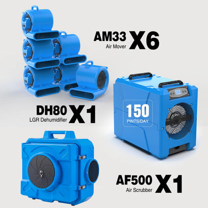 MOUNTO Restoration Equipment Bundle – 6× AM33 Air Movers, 1× DH80 Compact Dehumidifier, 1× HEPA 500 Air Scrubber – Complete Water Damage Restoration Package