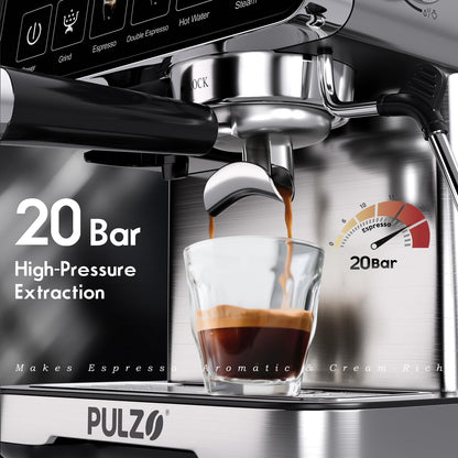 PULZO Espresso Machine with Grinder, 20 Bar Professional Coffee Machine with Milk Frother Steam Wand, All-in-One Stainless Steel Coffee Maker to Make Latte, Cappuccino, 67oz Detachable Water Tank