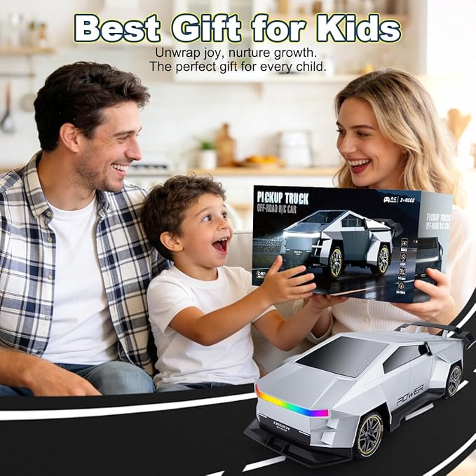 Remote Control CarAll Terrain 2.4GHz RC Truck for 3-12 Year Old Boys Electric Vehicle RC Car with LED Lights for Kids Birthday Gifts for Kids (Silver)