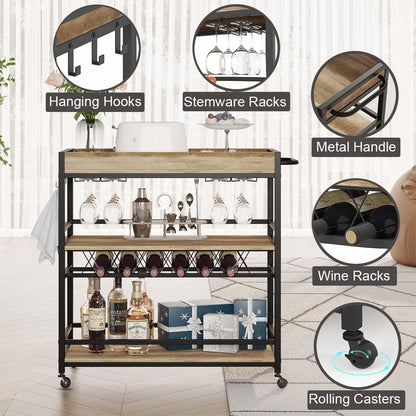 BON AUGURE Bar Cart for The Home, Bar Serving Carts on Wheels with Industrial Ladder Shelf Bookcase, 4 Tier Rustic Ladder Bookshelf, Standing Leaning Book Shelves for Living Room (Vintage Oak)