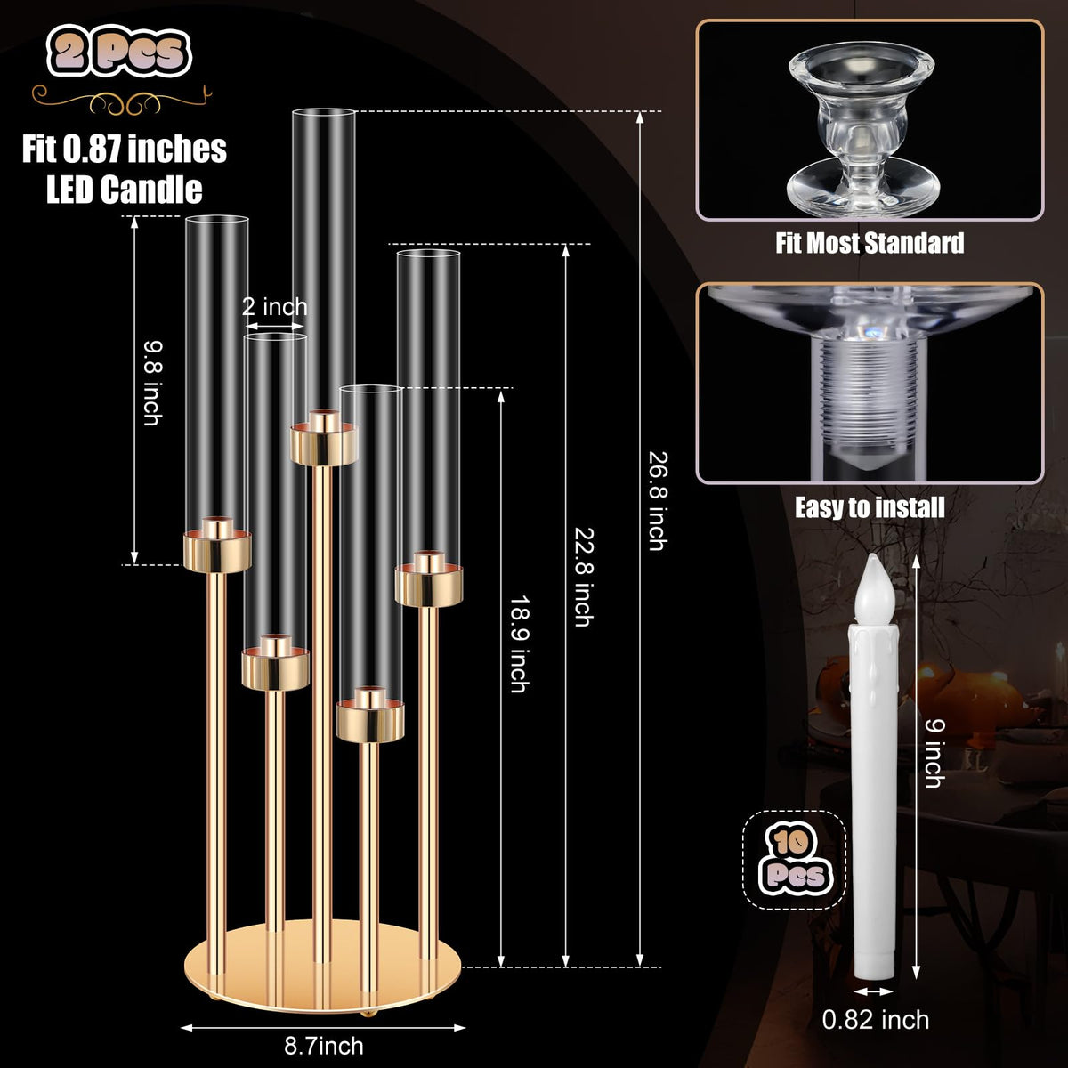 Tandefio 2 Set Gold Candelabra Centerpieces for Tables, 26.8 Inch 5 Arm Candle Holders with LED Candles and Acrylic Cylinders, Tall Acrylic Wedding Table Centerpieces for Reception Dinner Party Decor