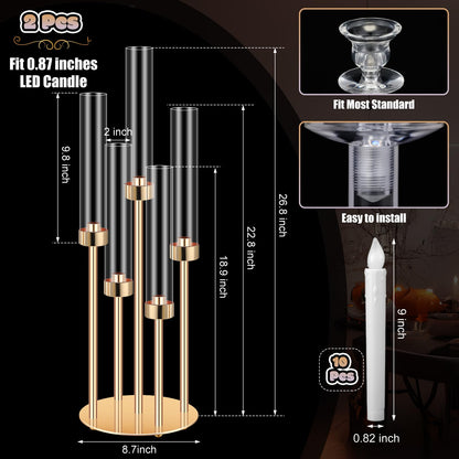 Tandefio 2 Set Gold Candelabra Centerpieces for Tables, 26.8 Inch 5 Arm Candle Holders with LED Candles and Acrylic Cylinders, Tall Acrylic Wedding Table Centerpieces for Reception Dinner Party Decor