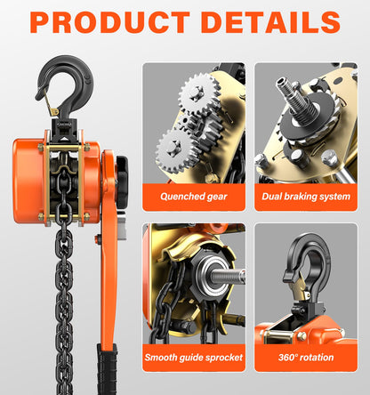 HUGOASIS Lever Chain Hoist 1-1/2 Ton 3300 Lbs Capacity 10FT Lift 2 Heavy Duty Hooks,Manganese Steel G80 Manganese Steel with Double-Pawl Brake Chain Come Along for Warehouse,Automotive,Garages,Orange