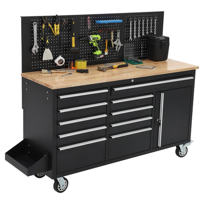 GAOMON 61-inch Rolling Tool Chest, 10 Drawers Garage Workbench Storage Tool Cabinet with Power Strip, Solid Rubber Wood Top, 1675 LBS Load Mobile Workstation, Heavy Duty Rolling Cabinet