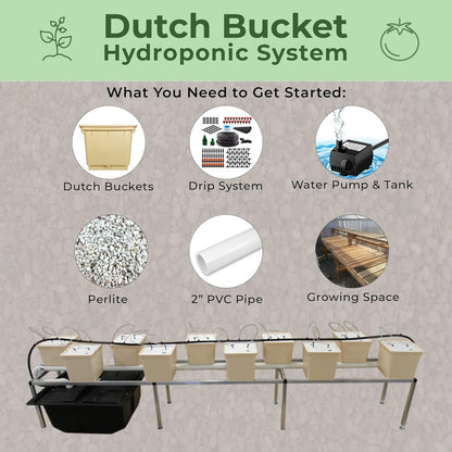 10-Pack Dutch Bucket Hydroponic System – Bato Buckets with Siphon Elbows – 11L (12" x 10" x 9") - Tan or Black (Black)