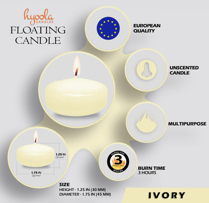 HYOOLA Premium Ivory Floating Candles 1.75 Inch - 3 Hour - 20 Pack - European Made