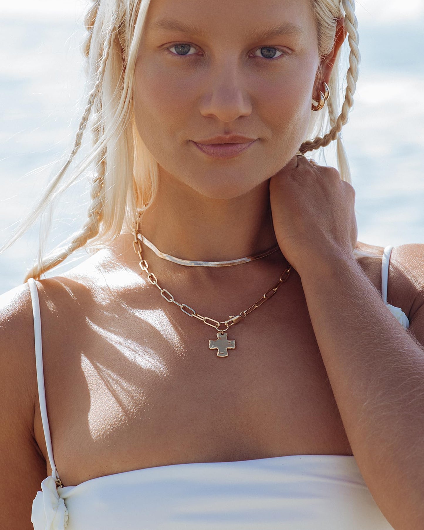 James Michelle The Original Silver Chunky Cross Chain Necklace for Women – 3-Year Color Guarantee – Waterproof, Non-Tarnish, Hypoallergenic, PVD Coated – Great for Beach, Weddings, Gifts – 20” Length