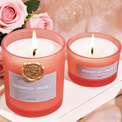 MOSROD Luxury Rose & Agarwood Scented Candles Gift Set, 2 Packs, Natural Soy Romantic Aromatherapy Jar Candle Gift for Her, Intimate Ambiance Pink Rose Candles for Home Fragrance Housewarming Gifts