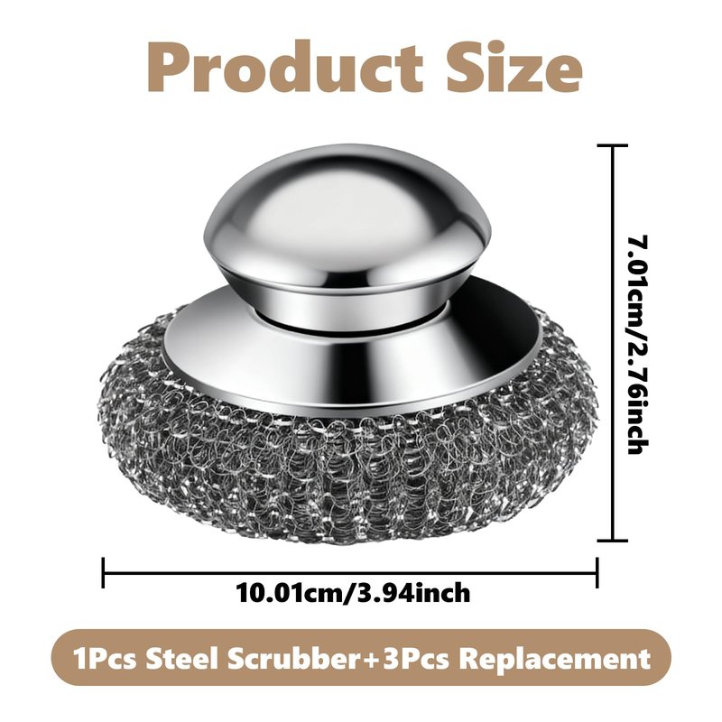 Steel Wool Scrubber, 4-Pack Stainless Steel Scrubber Pads with Handle - The Ultimate Scouring Solution for Rust, Stubborn Messes on Cookware, Grill, Oven & Kitchen Sinks