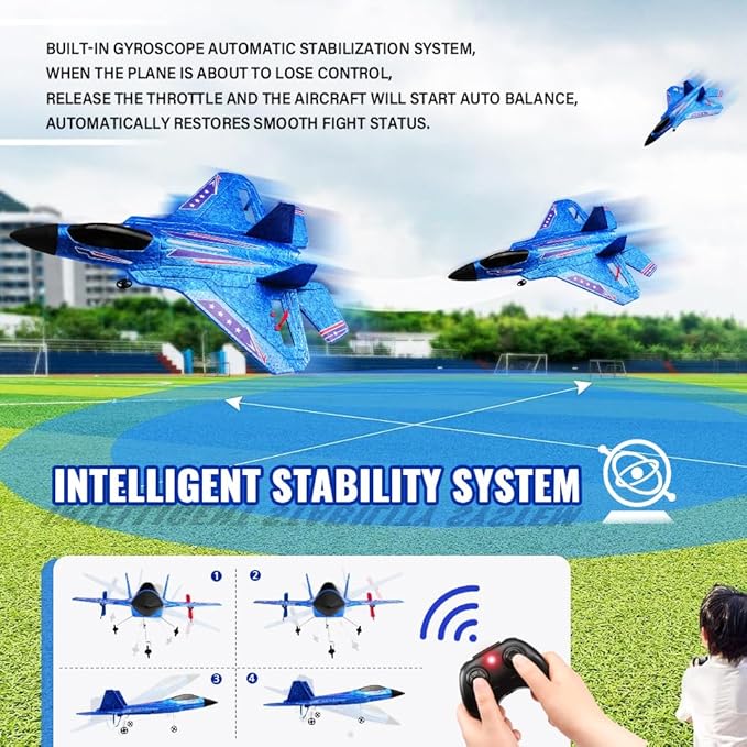 Blue RC Plane for Kids Upgrade F-22 Raptor Fighter RC Airplane Remote Control Airplane Toys 2.4 GHZ Smart 6-axis Gyro Stabilizer RTF RC Jet Aircraft Easy to Fly Outdoor Toy RC Glider for Beginners