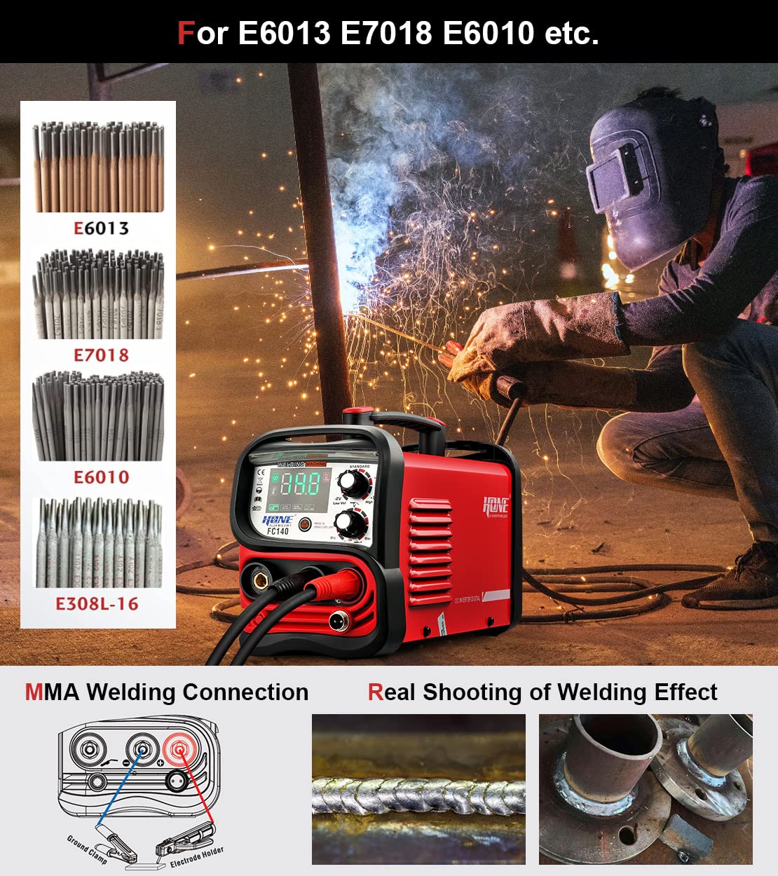 HONE MIG Welder 110V, Actual 140Amp Flux Core Welder/Stick Welder/Lift TIG 3 in 1 Synergic Welding Machine, Smart IGBT Inverter Large LED Display Gasless Wire Welder with Welding Gun