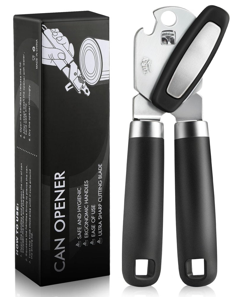 Multifunctional Can Opener Manual, Durable Heavy Duty Handheld Strong Can Opener with Smooth Cutting Edge, Friendly Kitchen Essentials Tool for Seniors, Camping and Bottle Opening-Black