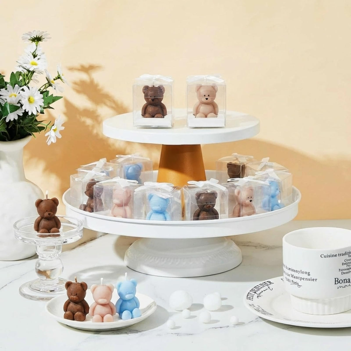 Dansib 50 Pcs Bear Baby Shower Candle Favors for Guest Bear Party Favors Baby Shower Candles Bulk for Gifts Party Decorations (Light Brown,Dark Brown,Blue)