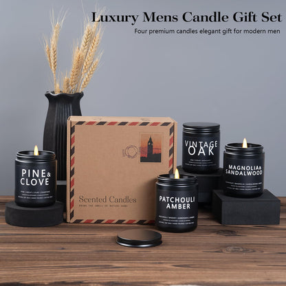 Candles for Men, 4 Pack Scented Candles, Gifts for Father Dad Day, 50 Hours Long Burning Soy Candles for Home Scented (Pine/Sandalwood/Patchouli/Oak)