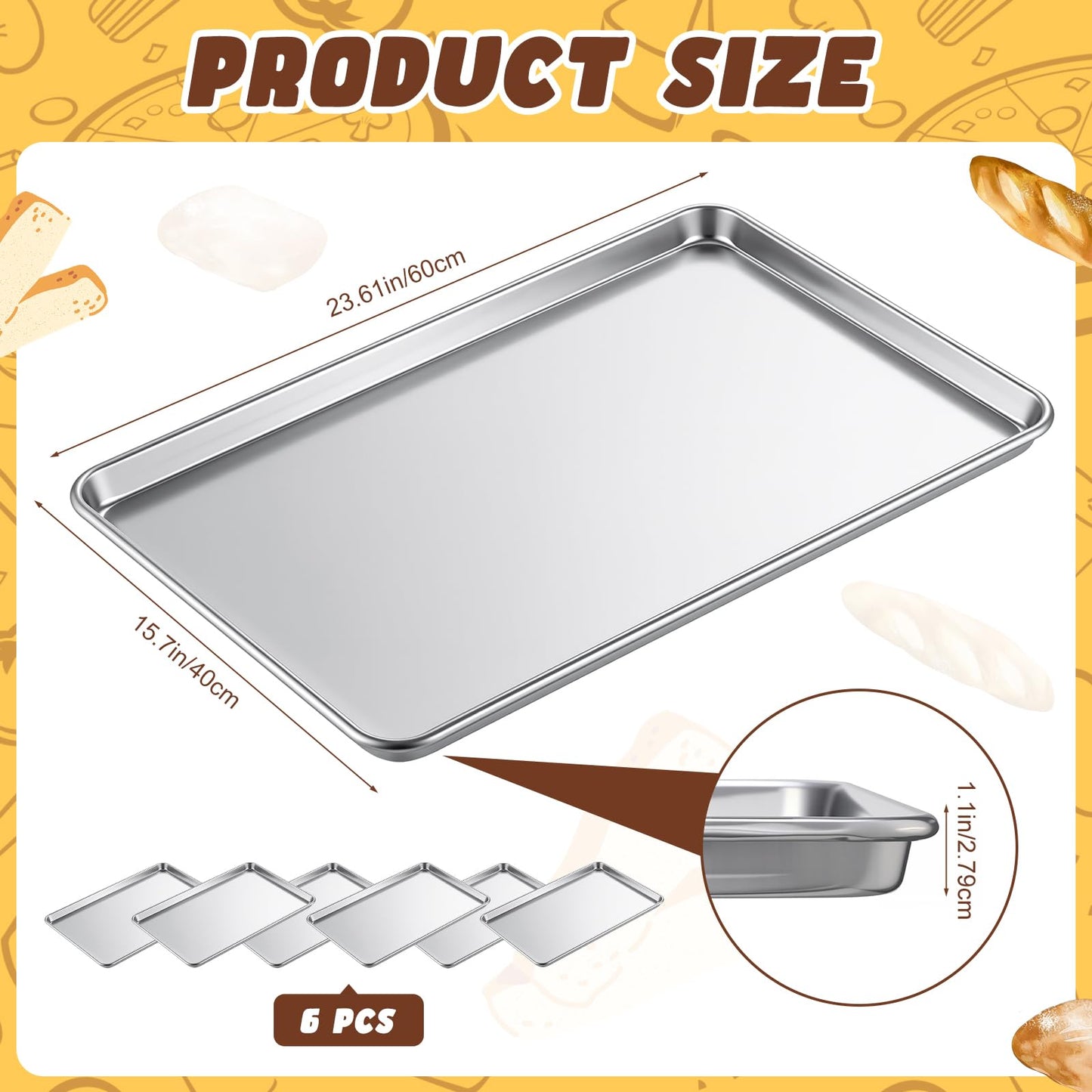 CraftyDream 6 Pack 24 × 16 Inch Baking Sheet Pan Set Commercial Full Size Grade Aluminum Coated Aluminum Cookie Pans for Large Ovens Refrigerators Bakeries Hotels Restaurants