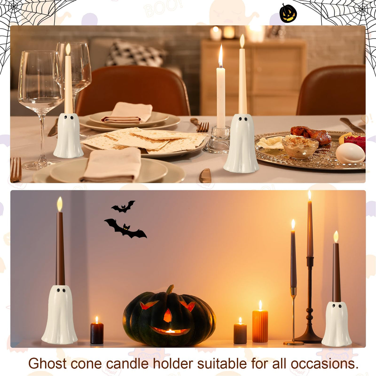 Reallnaive 2 Pcs Halloween Ghost Candlestick Holders Cute Ghost Shape Candle Stick Holders Halloween Ceramic Taper Candleholder for Wedding Party Holiday Office Home Gift Decorative Table Centerpiece