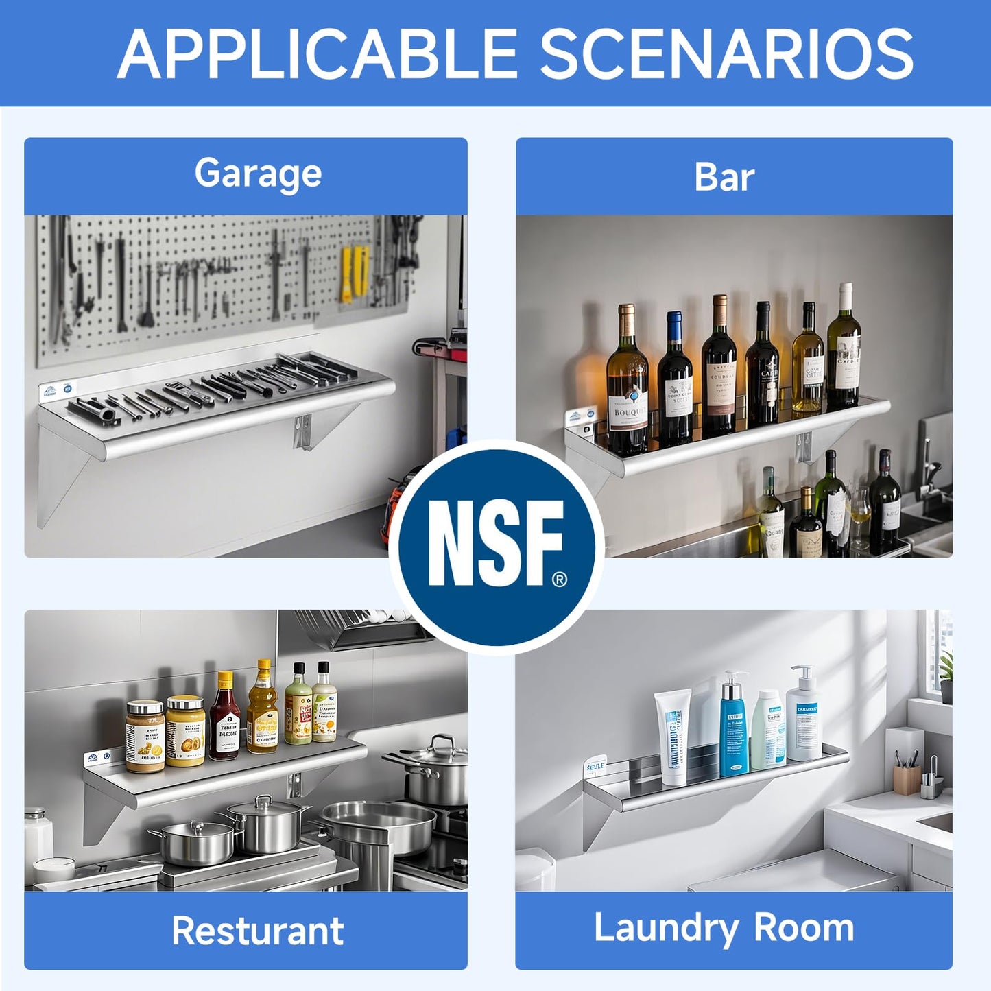 ROCKPOINT Stainless Steel Shelf 12 x 60 Inches 400lb, 2 Pack NSF Commercial Wall Mount Floating Shelving with Backsplash for Restaurant, Kitchen, Home and Hotel, Silver