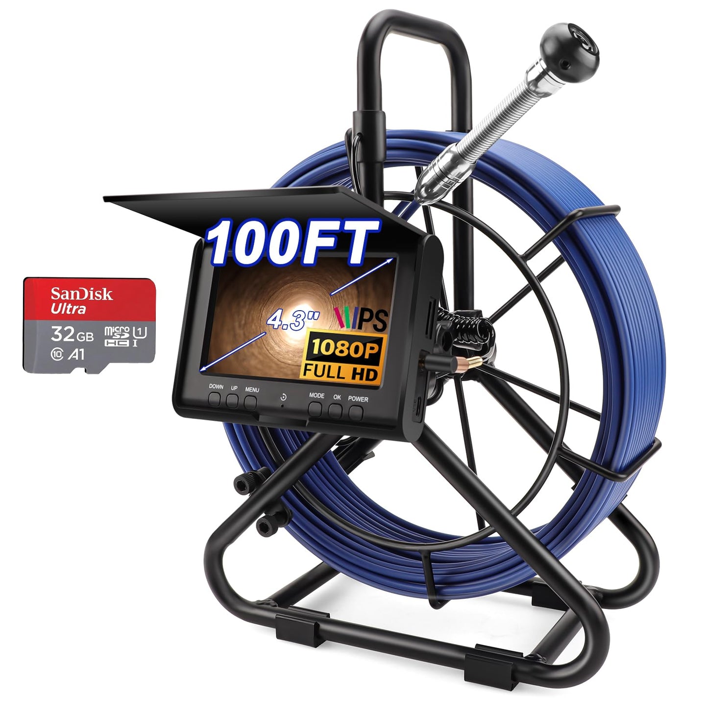 Sewer Camera w/DVR Function, 4.3" HD 1080P Screen Pipeline Inspection Camera, IP68 Waterproof Pipe Plumbing Snake Cam with 32GB Card, for Sewer Line, Home, Duct Drain Pipe Plumbing (30M/100FT)
