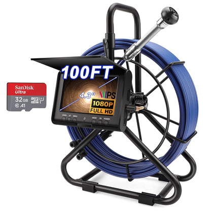 Sewer Camera w/DVR Function, 4.3" HD 1080P Screen Pipeline Inspection Camera, IP68 Waterproof Pipe Plumbing Snake Cam with 32GB Card, for Sewer Line, Home, Duct Drain Pipe Plumbing (30M/100FT)