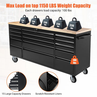 72" Heavy Duty Rolling Tool Chest,Locking Steel Tool Cabinet with 15 Drawers Mobile Workbench with Rubber Wood Work Surface Tool Box with Wheels for Workshop