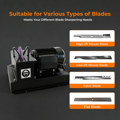 Holdwell S Lawn Mower Blade Sharpener with Upgraded Spark Guard, 1HP 750W Bench Grinder, 9-Inch Ceramic Wheel, 30°/40° Angle Brackets, Extra Sandpapers, for High/Low Lift, Gator & Flat Blades