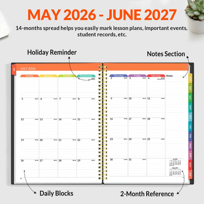 SUNEE Teacher Planner 2026-2027 Academic Year, Lite Lesson Planner Book with 7 Periods Jul 2026 - Jun 2027, 8.5"x11" Daily Weekly and Monthly Organizers, Plan Book with Pocket Folder, Color Tabs,Black