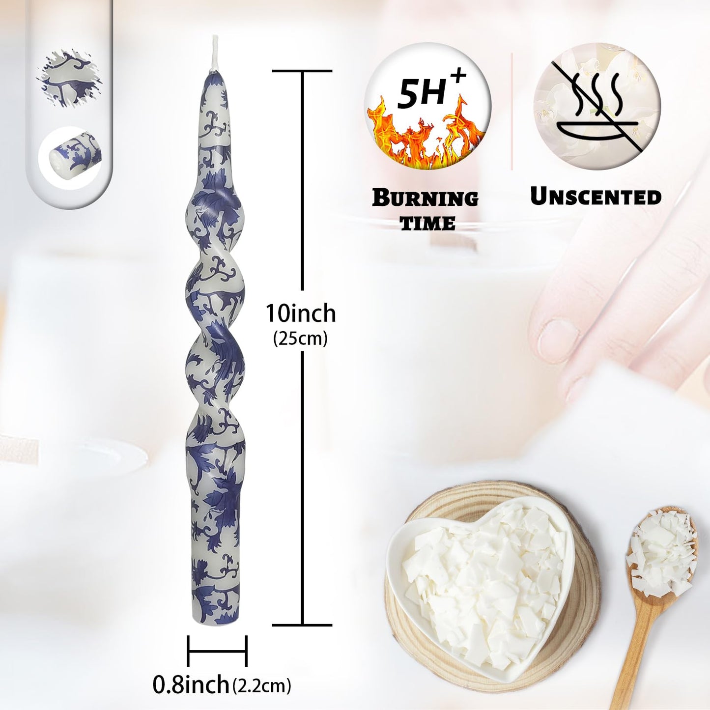 Unscented Floral Taper Candle Spiral Candlesticks - Set of 2 Blue and White Handmade Twisted 10 Inch Long Candle Sticks Print Tapered Candles for Home Wedding Dinner