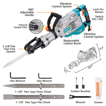 Berserker 40-Pound 1-1/8" Hex Shank Demolition Jack Hammer, 1700W 14.5-Amp Heavy Duty Concrete/Pavement Breaker with Carrying Case Flat Chisel & 2 Bull Point Chisel