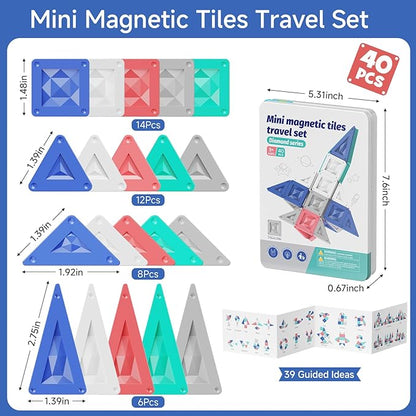 Magnetic Tiles Travel Set 40 PCS Morandi Building Block with Tin Box- 90Mins Quiet Play 45s Cleanup - Airplane Car Trip Activity Toy for Boys Age 3 4 5 6